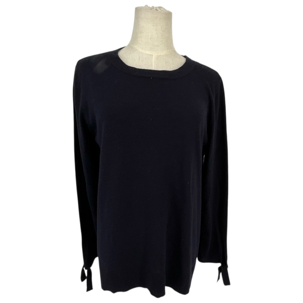 LOFT Black Crew Neck Long Sleeve Sweater Tie Cuffs Sz L Wool Blend Whimsigoth‎